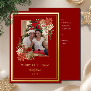 Tarjeta Festiva Con Relieve Metalizado Elegante Feliz Navidad Foto en Rojo y Dorado