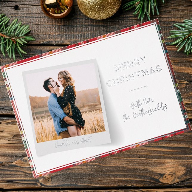 Tarjeta Festiva Con Relieve Metalizado Elegante Feliz Navidad Foto Plata (Christmas Photo Family Red Plaid Silver Foil Greetings)