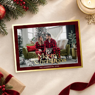 Tarjeta Festiva Con Relieve Metalizado Elegante Feliz Navidad Foto Terciopelo Rojo y Oro
