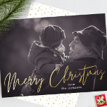 Tarjeta Festiva Con Relieve Metalizado Elegante Feliz Navidad Oro Presionado Una Foto<br><div class="desc">Ferry Christmas Gold Pressed Hand Escrito Photo Relieve metalizado Tarjeta de vacaciones *Relieve metalizado real</div>