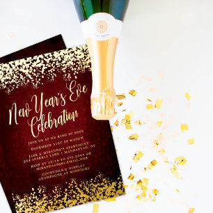 Tarjeta Festiva Con Relieve Metalizado Elegante Fiesta de Año Nuevo Borgoña Confetti