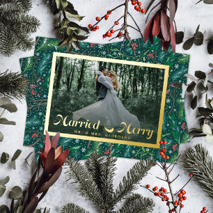 Tarjeta Festiva Con Relieve Metalizado Elegante Floral de Invierno Foto de Casados y Aleg