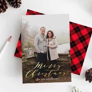 Tarjeta Festiva Con Relieve Metalizado Elegante foto a cuadros rojos y negros