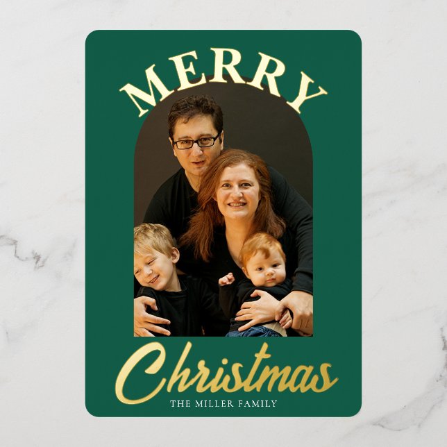 Tarjeta Festiva Con Relieve Metalizado Elegante foto arcaica verde (Anverso)