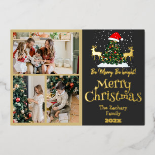 Tarjeta Festiva Con Relieve Metalizado Elegante Foto Collage Navideño Familiar Reno