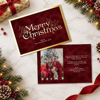 Tarjeta Festiva Con Relieve Metalizado Elegante Foto con Letra de Feliz Navidad en Rojo y