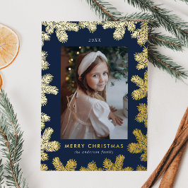 Tarjeta Festiva Con Relieve Metalizado Elegante Foto con Marco de Pino en Azul Marino y D