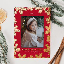 Tarjeta Festiva Con Relieve Metalizado Elegante Foto con Marco de Pino Rojo y Dorado