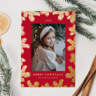 Tarjeta Festiva Con Relieve Metalizado Elegante Foto con Marco de Pino Rojo y Dorado
