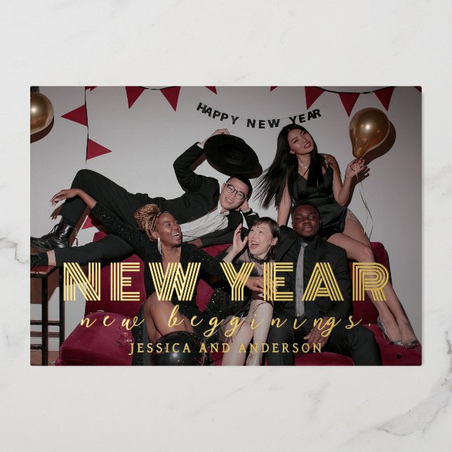 Tarjeta Festiva Con Relieve Metalizado Elegante foto de Alegres Modernos Mínimos de Año N (Anverso)