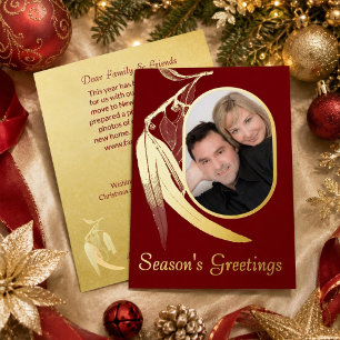 Tarjeta Festiva Con Relieve Metalizado Elegante Foto de Eucalipto Rojo Arte Navidad Dorad
