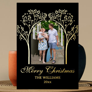 Tarjeta Festiva Con Relieve Metalizado Elegante foto de familia arco caligrafía negro dor