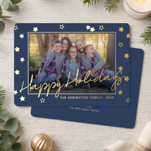 Tarjeta Festiva Con Relieve Metalizado Elegante foto de familia con clase en dorado