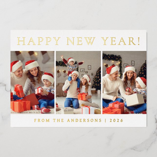 Tarjeta Festiva Con Relieve Metalizado Elegante foto de la familia de Año Nuevo Feliz (Anverso)