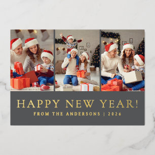 Tarjeta Festiva Con Relieve Metalizado Elegante foto de la familia de Año Nuevo Feliz
