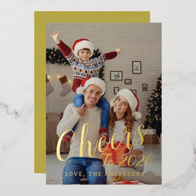 Tarjeta Festiva Con Relieve Metalizado Elegante foto de la familia de Año Nuevo Feliz (Anverso/Reverso)