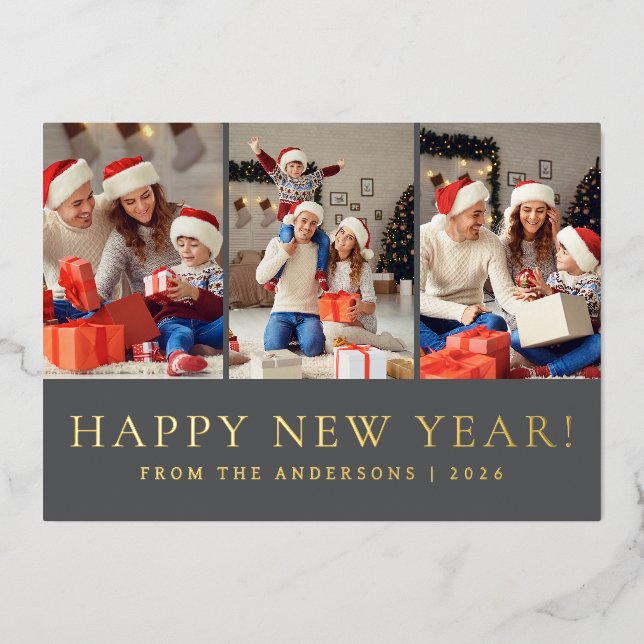 Tarjeta Festiva Con Relieve Metalizado Elegante foto de la familia de Año Nuevo Feliz (Anverso)