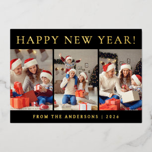 Tarjeta Festiva Con Relieve Metalizado Elegante foto de la familia de Año Nuevo Feliz