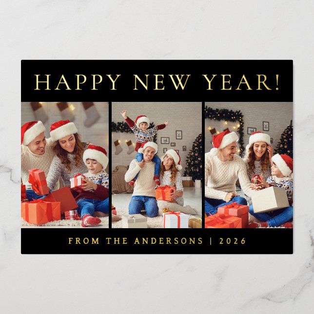 Tarjeta Festiva Con Relieve Metalizado Elegante foto de la familia de Año Nuevo Feliz (Anverso)