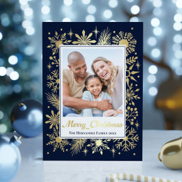 Tarjeta Festiva Con Relieve Metalizado Elegante foto de la familia de copos de nieve de l