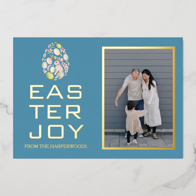 Tarjeta Festiva Con Relieve Metalizado Elegante foto de la familia Eggs de Pascua (Anverso)