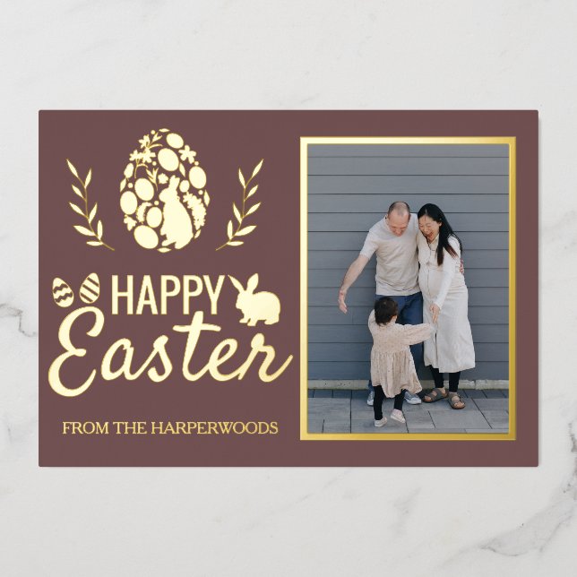 Tarjeta Festiva Con Relieve Metalizado Elegante foto de la familia Eggs de Pascua (Anverso)