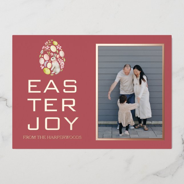 Tarjeta Festiva Con Relieve Metalizado Elegante foto de la familia Eggs de Pascua (Anverso)