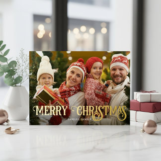 Tarjeta Festiva Con Relieve Metalizado Elegante Foto de Navidad con Tipografía Familiar
