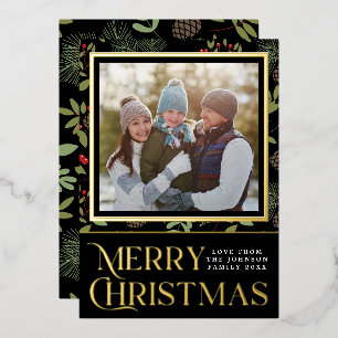 Tarjeta Festiva Con Relieve Metalizado Elegante Foto de Navidad de Acebo en Negro y Dorad