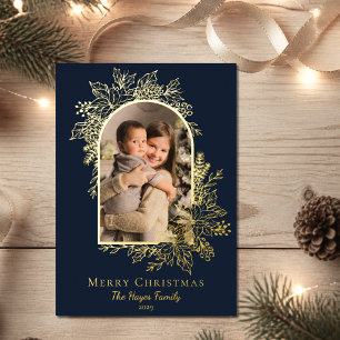 Tarjeta Festiva Con Relieve Metalizado Elegante Foto de Navidad de Arco en Azul Oscuro