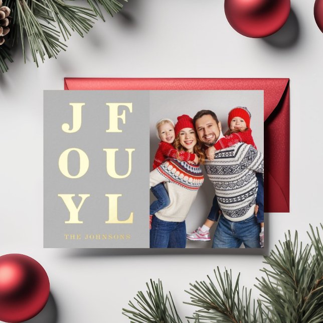 Tarjeta Festiva Con Relieve Metalizado Elegante Foto de Navidad Dorado Alegre (Elegant Joyful One Photo Christmas Gold Foil Holiday Card)