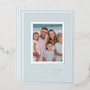 Tarjeta Festiva Con Relieve Metalizado Elegante foto de Navidad en azul claro