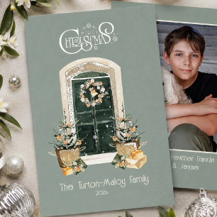 Tarjeta Festiva Con Relieve Metalizado Elegante foto de Navidad en francés de campo plate