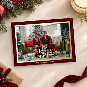 Tarjeta Festiva Con Relieve Metalizado Elegante Foto de Navidad Feliz en Rojo Terciopelo