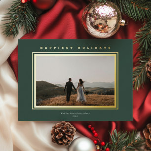 Tarjeta Festiva Con Relieve Metalizado Elegante Foto de Navidad Minimalista Chic Verde Os