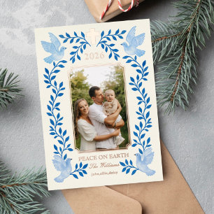 Tarjeta Festiva Con Relieve Metalizado Elegante Foto de Navidad Religiosa Azul