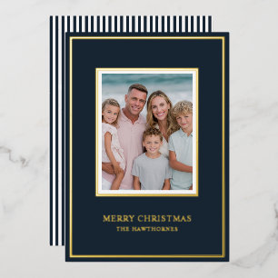 Tarjeta Festiva Con Relieve Metalizado Elegante foto de Navidad Simple Azul Marino Oscuro