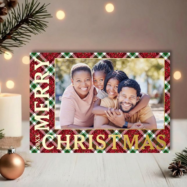 Tarjeta Festiva Con Relieve Metalizado Elegante foto de Navidades colocados (REAL GOLD FOIL Merry Christmas on sparkly plaid photo holiday greeting cards)