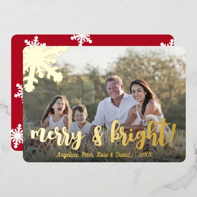 Tarjeta Festiva Con Relieve Metalizado Elegante foto de Personalizado de merry y Bright (Anverso/Reverso)
