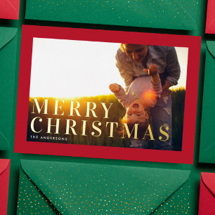 Tarjeta Festiva Con Relieve Metalizado Elegante Foto en Marco Rojo de Navidad en Dorado N