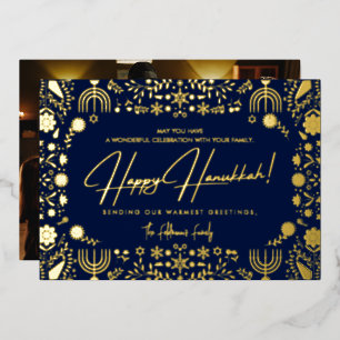 Tarjeta Festiva Con Relieve Metalizado Elegante foto familiar de Hanukkah feliz con flore
