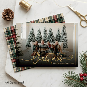 Tarjeta Festiva Con Relieve Metalizado Elegante foto familiar de Navidad con cuadros verd