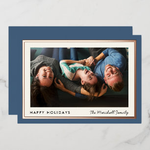 Tarjeta Festiva Con Relieve Metalizado Elegante foto familiar Minimalista azul y oro