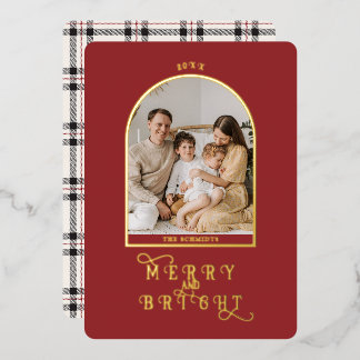 Tarjeta Festiva Con Relieve Metalizado Elegante Foto Familiar Simple de Arco de Oro con C