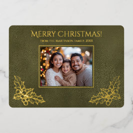 Tarjeta Festiva Con Relieve Metalizado Elegante Foto Familiar Verde Holly