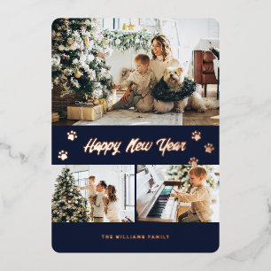 Tarjeta Festiva Con Relieve Metalizado Elegante foto Feliz Año Nuevo Rosa Azul Oro