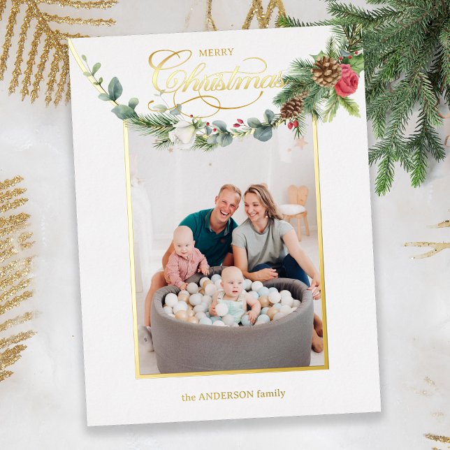 Tarjeta Festiva Con Relieve Metalizado Elegante foto floral de caligrafía navideña (Subido por el creador)