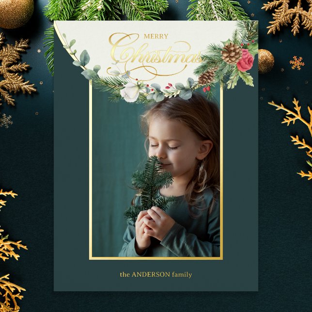 Tarjeta Festiva Con Relieve Metalizado Elegante foto floral de caligrafía navideña (Subido por el creador)