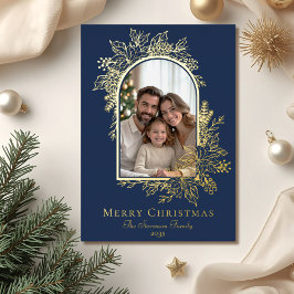 Tarjeta Festiva Con Relieve Metalizado Elegante foto navideña de la Marina Azul