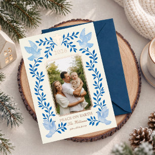 Tarjeta Festiva Con Relieve Metalizado Elegante Foto Navideña Religiosa de Palomas Azules